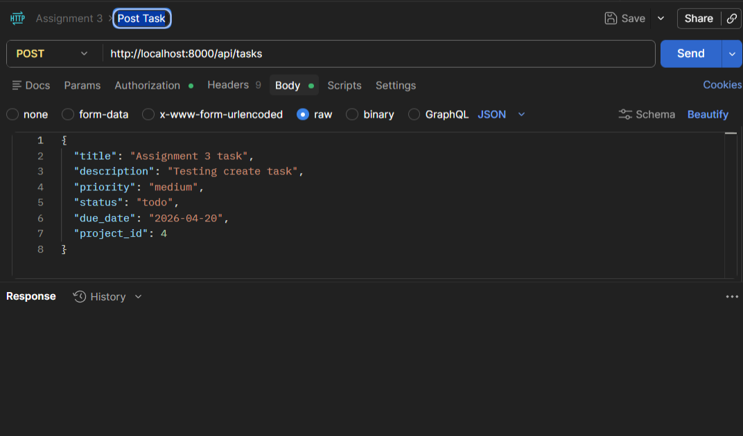 Postman POST request creating a task through the Laravel API