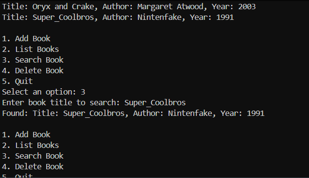 Terminal output showing the search feature in the Python Reading List application