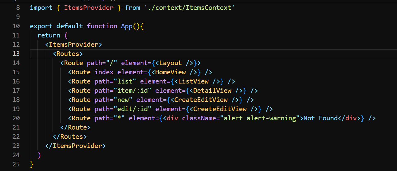 React Router configuration for the comic catalog application in Visual Studio Code